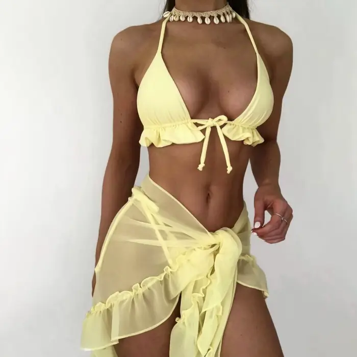 Maillot de bain à lacets pour femmes, licou, sexy, fendu, bikini, jupe en maille, à volants, plissé,