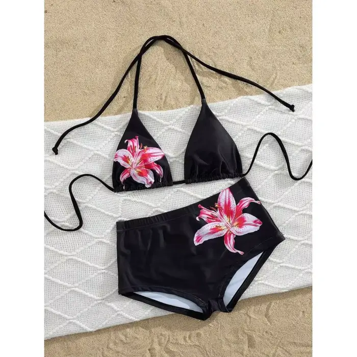 Maillot de bain bikini imprimé européen et américain, maillot de bain triangle taille haute pour fem