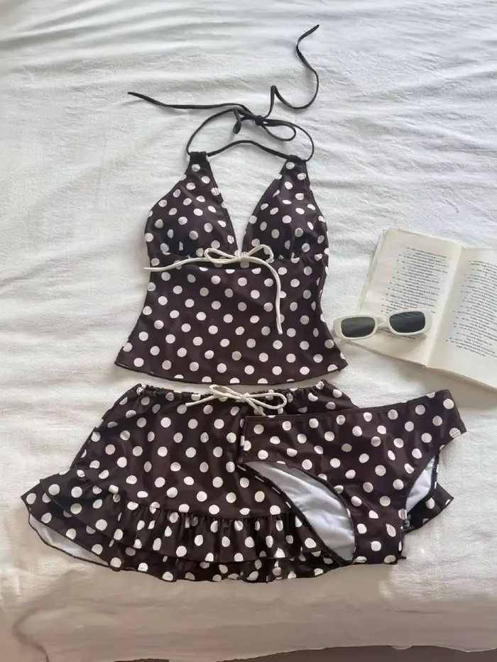 Maillot de bain vintage Y2K pour femme, ensemble bikini sexy dos nu avec haut court triangle et jupe