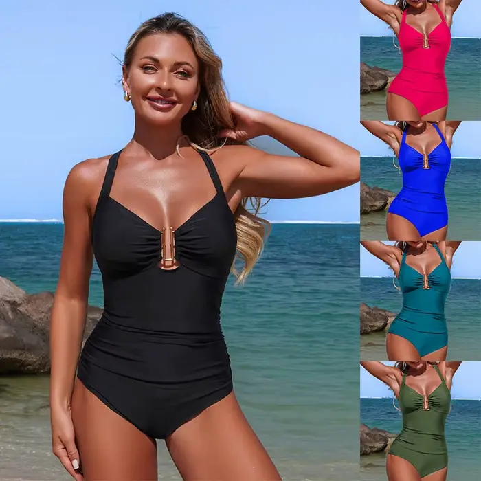 Maillot de bain une pièce amincissant pour femme, effet ventre plat, push-up, couvrant, col en V, tenue de plage