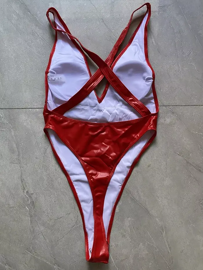 Cuir PU col en V extrême Mini String femmes maillots de bain une pièce maillot de bain femme Monokin