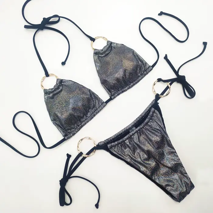 Brillant scintillant licou à bretelles Bikinis femme maillot de bain femmes Laser irisé anneau maill