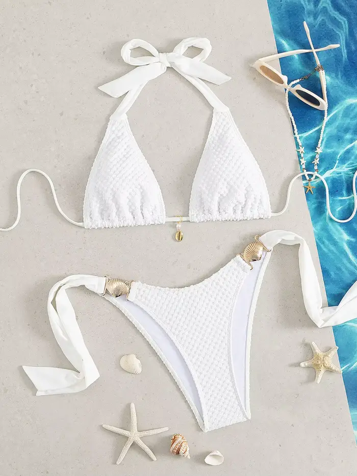 Sexy blanc Bikini 2026 Mujer femmes coquille en métal pansement string maillot de bain été Push Up s