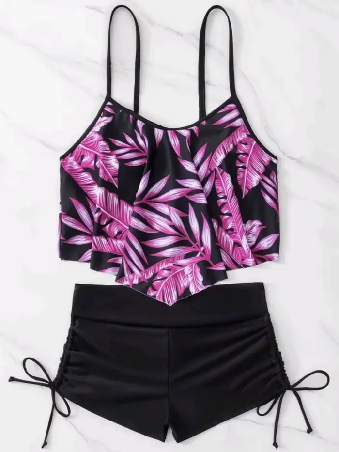 2026 Ensemble de bikini à volants et à bretelles, maillot de bain taille haute pour femme avec cordo