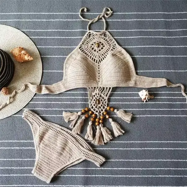 Maillot de bain crochet style bohème, bikini 2024 ogo, col haut, fait à la main, pour la plage