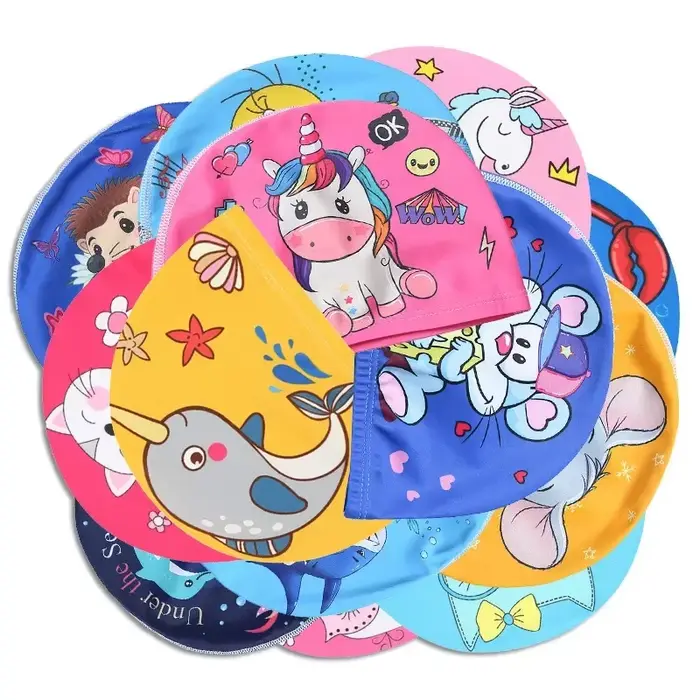 Bonnet de bain pour enfants, tissu élastique, dessin animé mignon pour cheveux longs, jolis enfants, protège les oreilles, chapeau de piscine pour garçons et filles