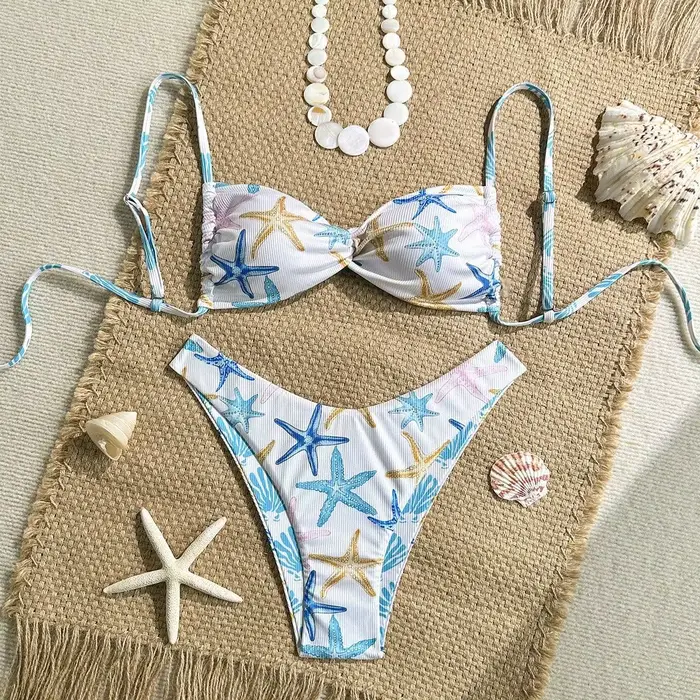 Sexy blanc étoile de mer imprimé Micro Bikini 2026 femmes plissé croix Push Up soutien-gorge string 