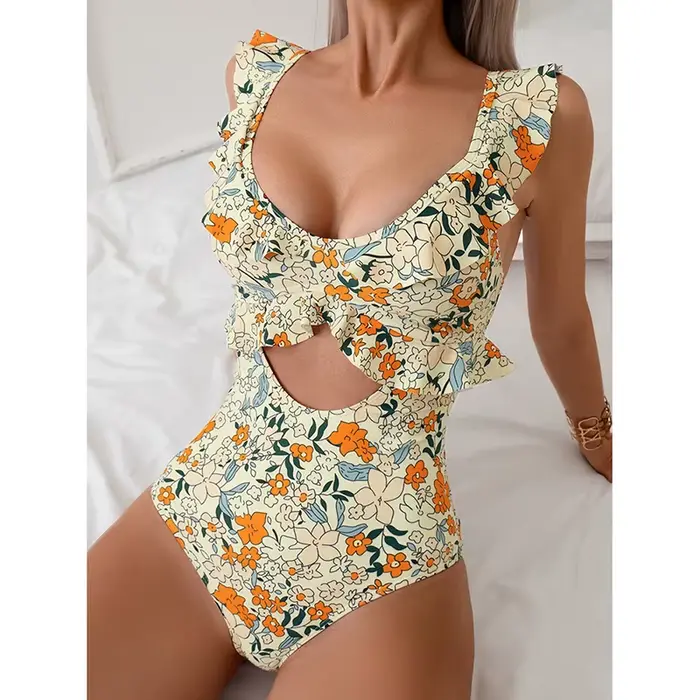 Maillot de bain une pièce Sexy, Monokini, élégant, bord à volants, col rond, séchage rapide, pour fe