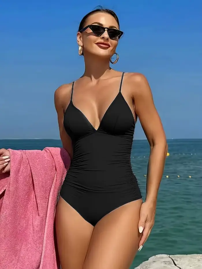 Maillot de bain une pièce femme 2026 Nouveau modèle uni col en V sexy body maillot de bain d'été mon