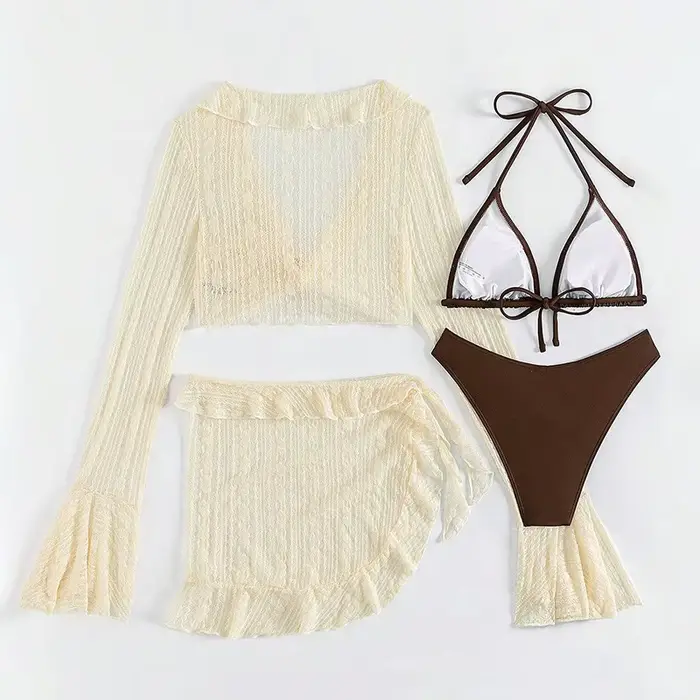 Nouveau Femmes 4 pièces dentelle Bikini ensemble à manches longues couvrir taille haute bas maillot 