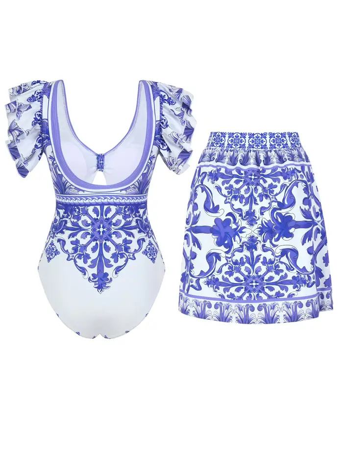 Maillot de bain une pièce moulant pour femme, imprimé porcelaine bleu et blanc, avec ensemble de paréo, pour les vacances à la plage
