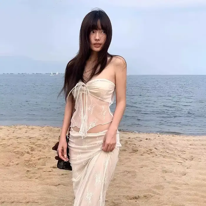 Ensemble de Bikini en dentelle thaïlandaise, robe longue amincissante, Sexy, vacances dans l'île, ma