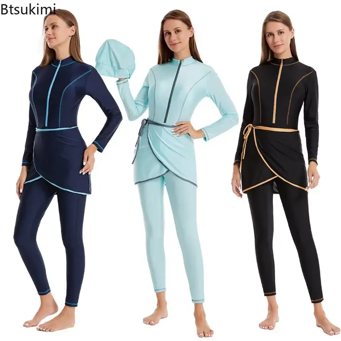 Maillots de bain modestes musulmans 2026 avec hijab, maillot de bain de plage 3 pièces pour femmes, tenue de natation islamique à manches longues pour femmes