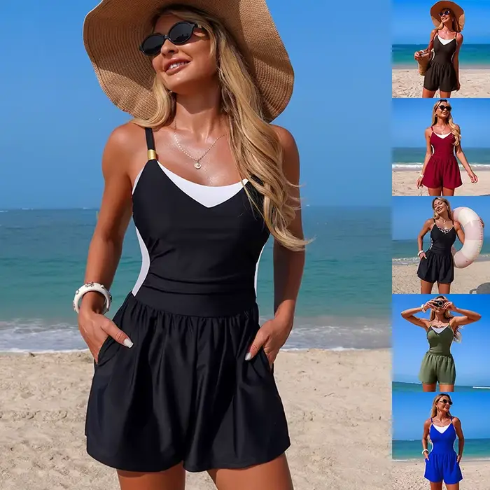 Maillot de bain une pièce pour femme, design color-block, taille haute, short amincissant, maillot de bain d'été élégant pour la plage et la piscine