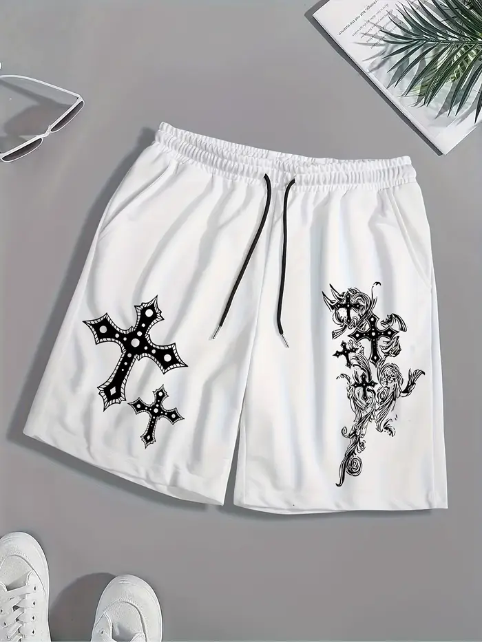 Shorts décontractés respirants pour hommes avec imprimé croisé, dotés d'une ceinture élastique avec 