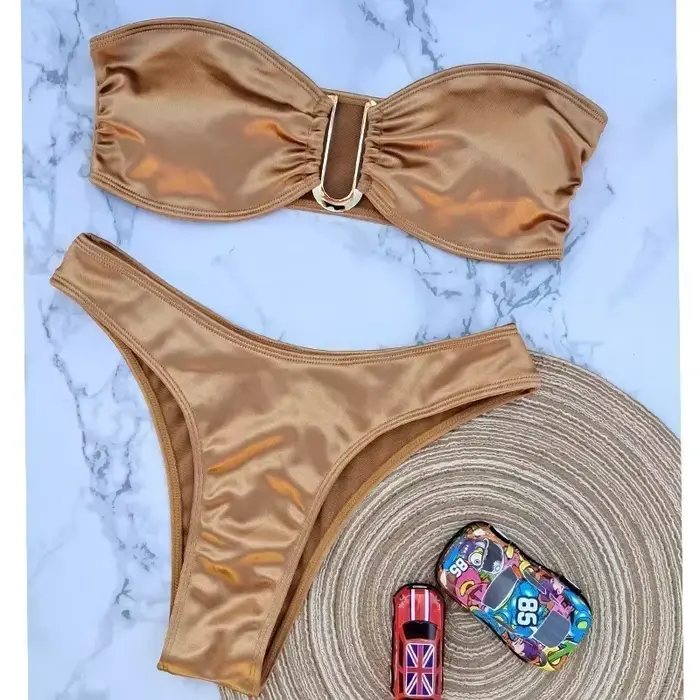 Maillot de bain bandeau push-up d'été avec bretelles, ensemble bikini couleur unie, maillot de bain 