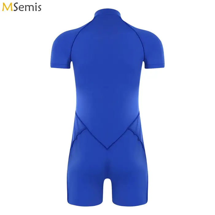 Hommes barboteuses body maillot de bain col montant avant fermeture éclair manches courtes Shorts bas justaucorps combinaison maillots de bain musculation combinaison