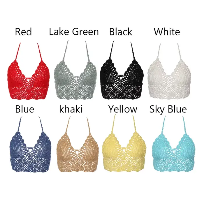 Nouveau Sexy Bikini haut court Crochet Boho plage Camisoles Bikini Bralette licou Cami tricoté soutien-gorge femmes dos nu maillots de bain débardeur