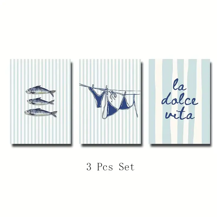 3 pièces/ensemble "La Dolce Vita" Sardines Bikini bleu rayure toile impression affiche moderne décor