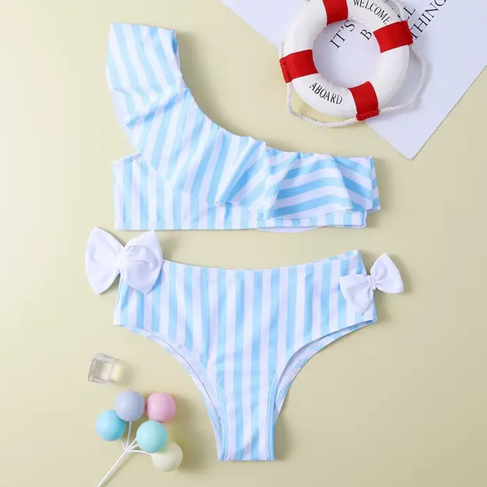 Filles à volants nœud Bikini deux pièces maillot de bain enfants rayé une épaule maillots de bain po