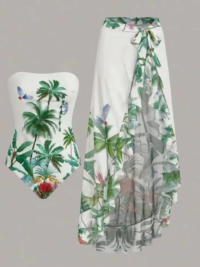 Maillot de bain une pièce imprimé Jungle tropicale, ensemble avec jupe portefeuille, pour femmes et 