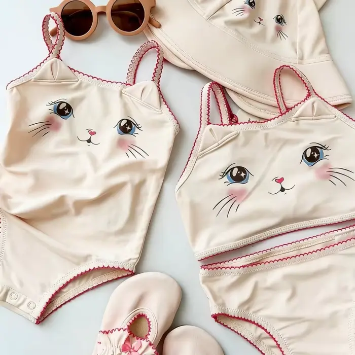 Nouvel ensemble de maillots de bain une pièce et deux pièces pour filles, motif chat mignon, imperméable, collection été 2026