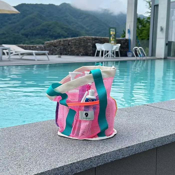 Sac de plage style Ins : Sac de rangement en filet pour voyage en plein air, plage, natation, bain e