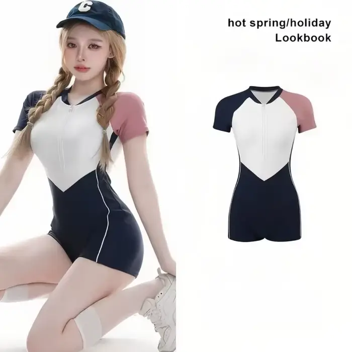 Nouveau Maillot de Bain Une Pièce Sportif à Angle Plat pour Femme 2026, Manches Courtes, Style Conse