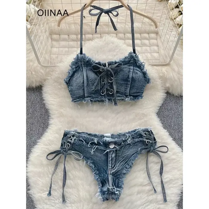 OIINAA maillot de bain femmes Sexy Denim costumes Bikini ensemble à lacets cordon maillots de bain 2025 solide été Vintage deux pièces maillots de bain