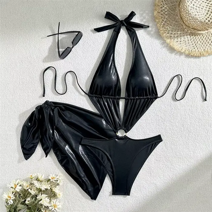 Maillot de bain sexy dos nu brillant pour femme, une pièce, col en V profond, licou, monokini, coupe