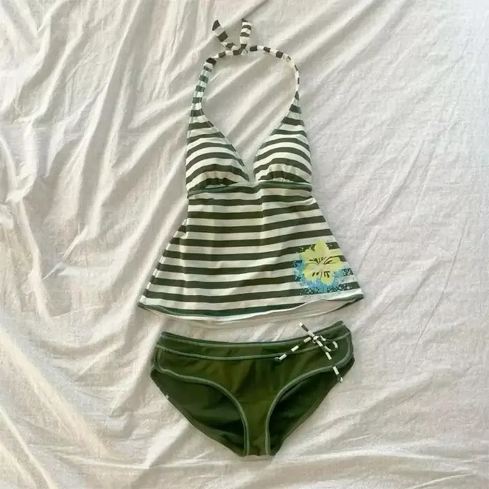 Rayé Tankini maillot de bain femmes col en V camisole haut large bas bikini solide imprimé tropical 
