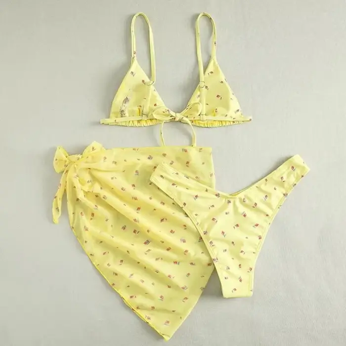2025 vêtements de plage Bikinis jaune maillot de bain imprimé fleuri maille Cove Ups 3 pièces Bikini ensemble Damen Sexy maillot de bain femmes vêtements de natation