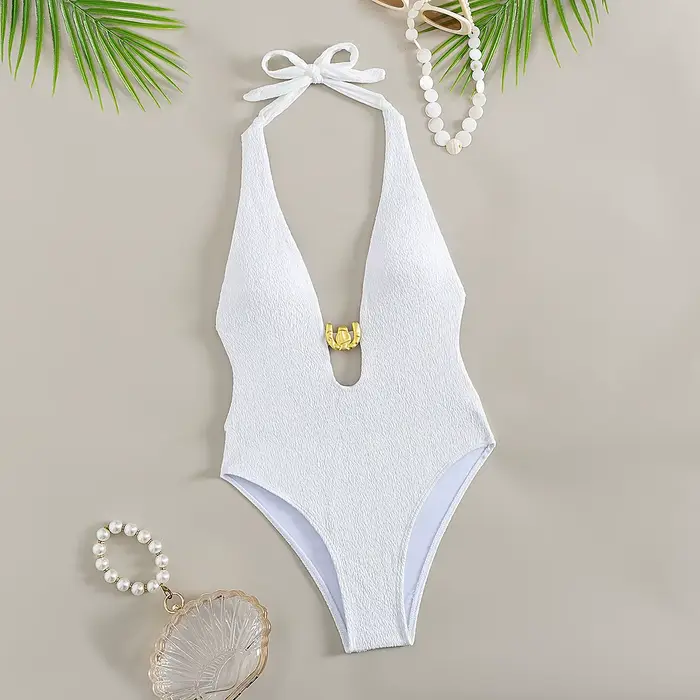 Maillot de bain une pièce blanc, Sexy, décolleté en V profond, boucle en métal, ajouré, dos nu, pour