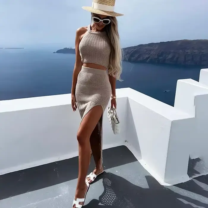 Robe de plage 2 pièces pour femmes, cover up pour maillot de bain, vêtements de plage, fente haute, 
