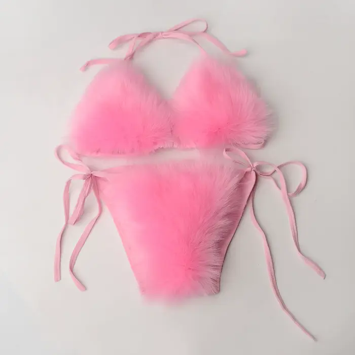 Été femmes fausse fourrure de renard Sexy licou couleur unie Bikini ensemble maillots de bain Triang