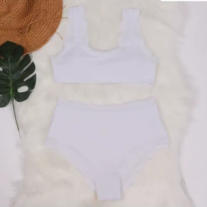 2025 nouvelles femmes maillot de bain festonné taille haute Bikini ensemble solide deux pièces grand