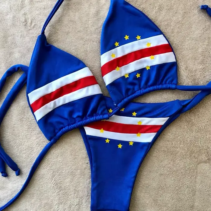 Maillot de bain fendu à trois points, bikini bleu imprimé Y2K, nouvelle collection 2025