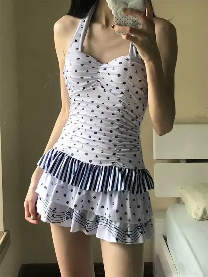 Maillot de bain une pièce froncé Kawaii pour femme, imprimé ancre marine 2026, col halter, jupe à vo