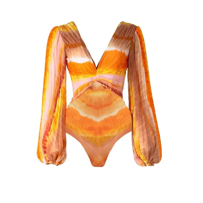 Plissé à manches longues col en v tache une pièce maillot de bain ensemble 2025 mode maillot de bain