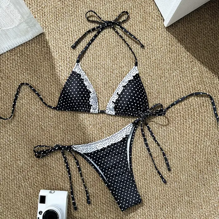Maillot de bain bikini femme 2026 mignon et sexy avec bretelles à nouer, effet push-up pour petite p