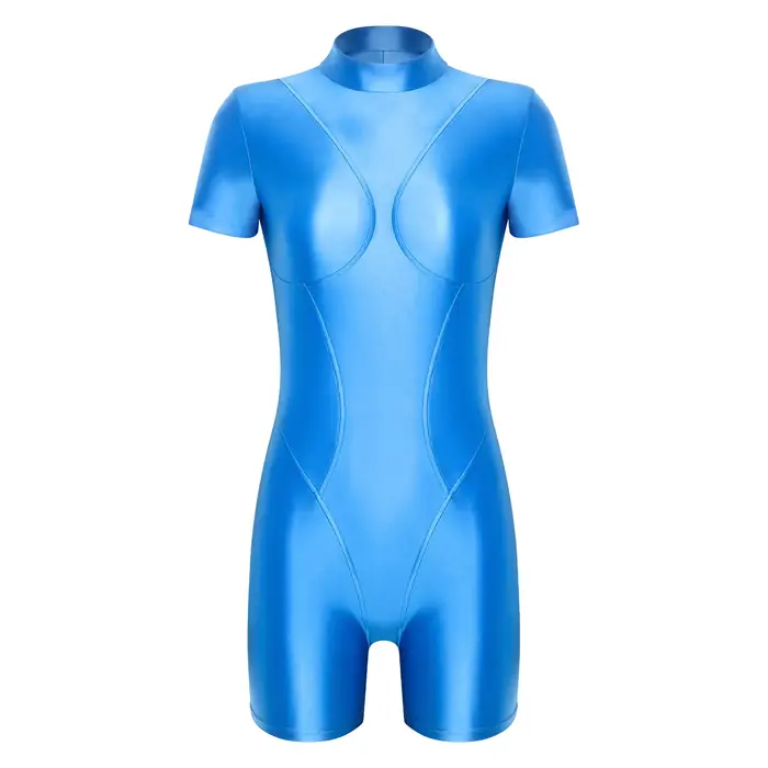Maillot de bain une pièce brillant pour femme, col montant, manches courtes, dos nu, coupe ajustée, 