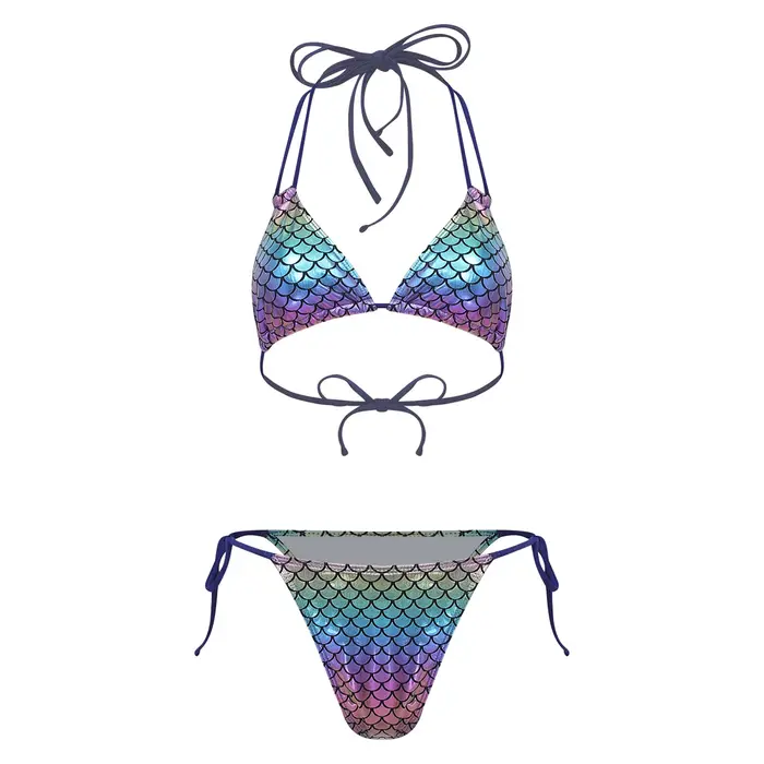 Maillot de bain bikini sirène pour femme, imprimé écailles, avec soutien-gorge halter et coussinets 