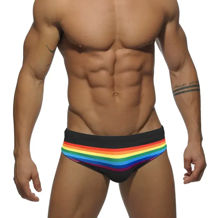 Maillot de bain à rayures arc-en-ciel pour hommes, slip sexy, push up, taille basse, vêtements de pl