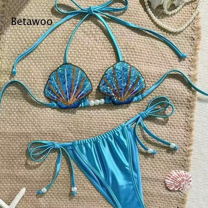 Ensemble de bikini halter brodé de coquillages pour femme Betawoo