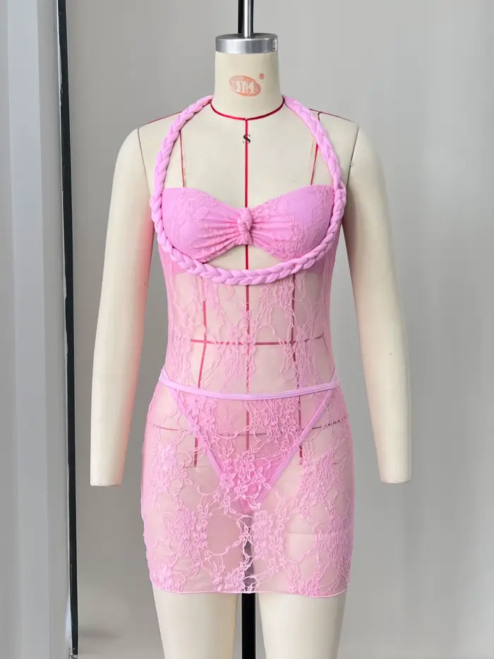Sexy blanc rose corde attaché une pièce maillot de bain femmes avant arc Push Up maille jupe ensemble 2025 été maillot de bain vacances maillots de bain