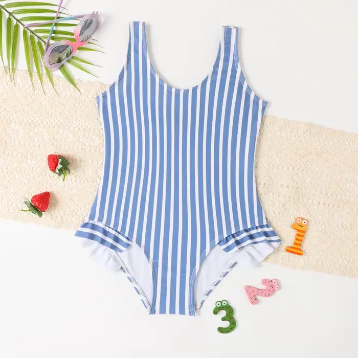 Maillot de bain rétro à rayures pour adolescentes, ensemble une pièce à volants, vêtements de plage,