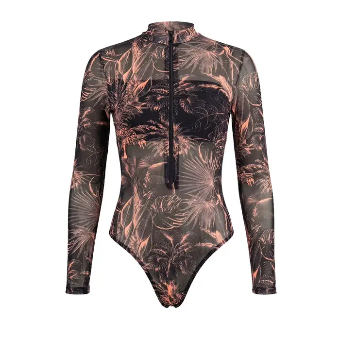 Maillot de bain une pièce pour femmes, maillot de bain imprimé feuilles, manches longues avec fermet