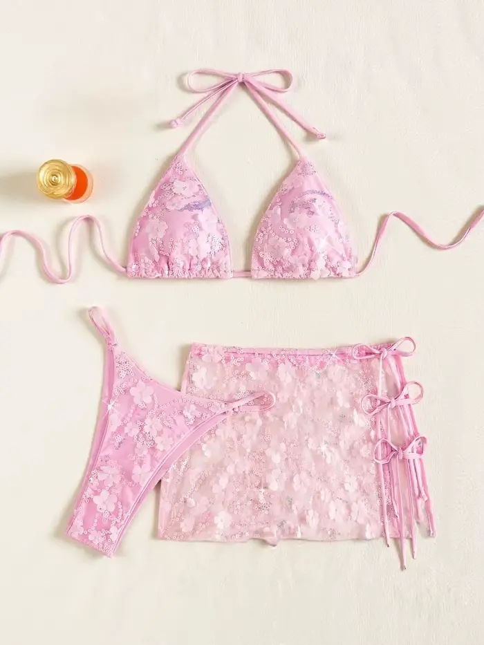 Ensemble bikini 3 pièces en maille rose à paillettes brillantes pour femme, soutien-gorge push-up, s