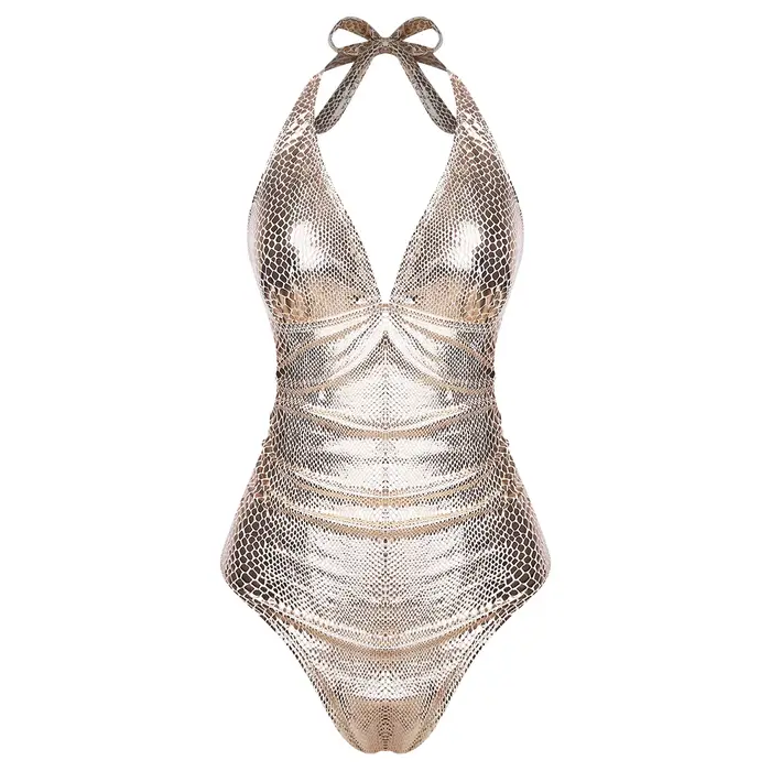 Maillot de bain une pièce métallisé effet peau de serpent pour femme, brillant, dos nu, col en V, av