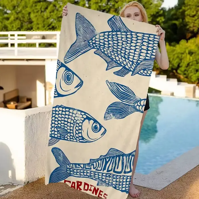 Serviette de plage grande taille motif sardines, serviette de bain vintage à poissons, séchage rapide, anti-sable, pour piscine, couverture de voyage, vacances d'été